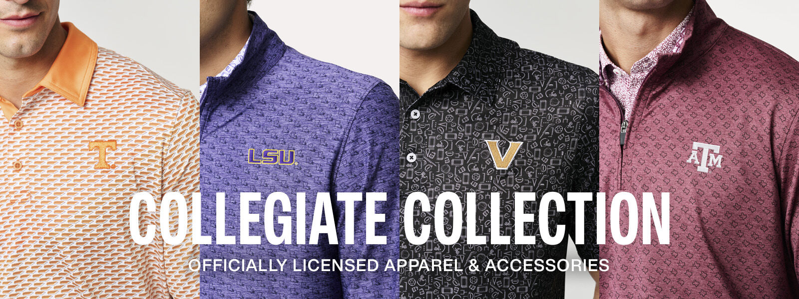 Four University polos in orange, purple, black, and burgundy are shown with the words Collegiate Collection shown over top the image.